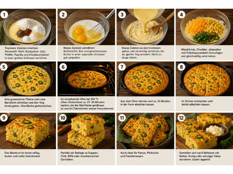 Frisch gebackenes Mexikanisches Maisbrot mit Cheddar, Maiskörnern und Jalapeños auf einem rustikalen Holztisch serviert