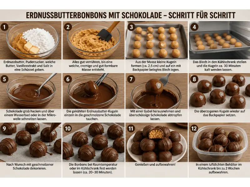 Erdnussbutterbonbons mit Schokoladenüberzug auf einem Dessertteller