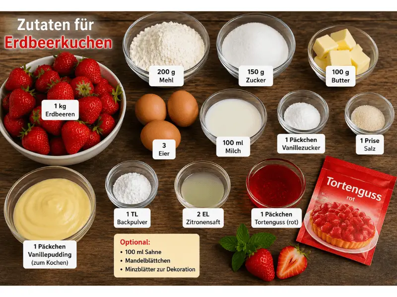 Image Alt Text: Klassischer Erdbeerkuchen mit frischen Erdbeeren und glänzendem Tortenguss auf einem lockeren Kuchenboden