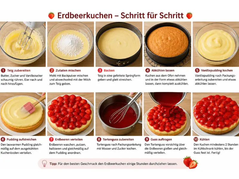 Image Alt Text: Klassischer Erdbeerkuchen mit frischen Erdbeeren und glänzendem Tortenguss auf einem lockeren Kuchenboden