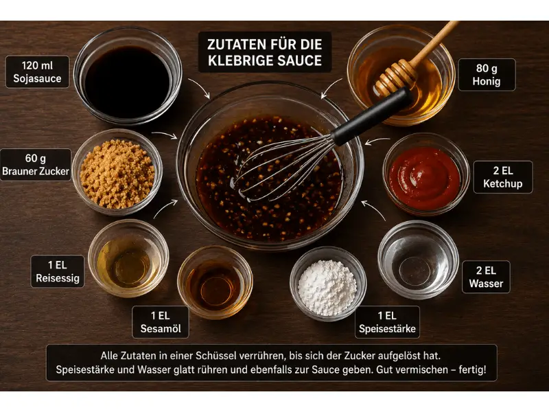 Klebriges Huhn mit glänzender Honig-Soja-Sauce, garniert mit Sesam und Frühlingszwiebeln, serviert in einer Schüssel mit Reis.
