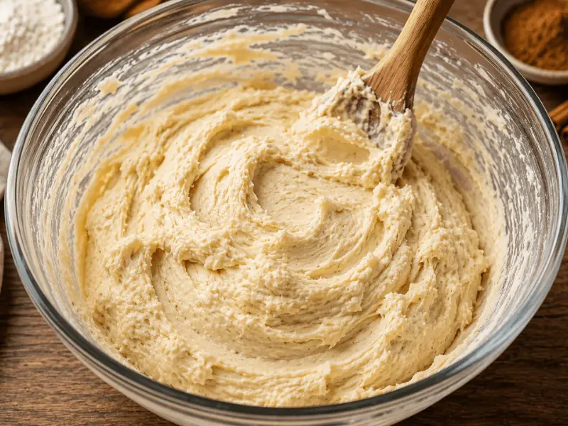 Cremiger Teig für Churro-Käsekuchen-Kekse in einer Glasschüssel, frisch vermischt mit Frischkäse, Vanille und Zimt vor dem Backen.