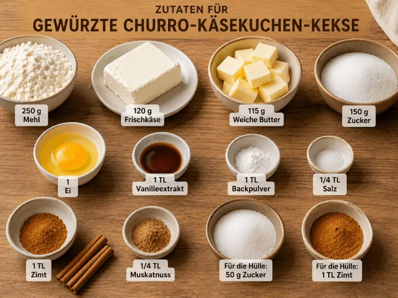 Cremiger Teig für Churro-Käsekuchen-Kekse in einer Glasschüssel, frisch vermischt mit Frischkäse, Vanille und Zimt vor dem Backen.