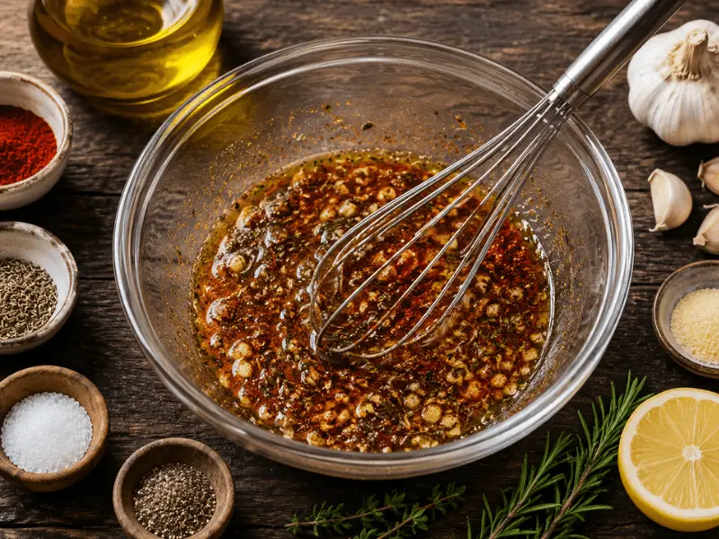 Das beste Ofen-Brathähnchen mit knuspriger goldbrauner Haut, gerösteten Kartoffeln, Zitronenscheiben und frischem Rosmarin in einer Backform.