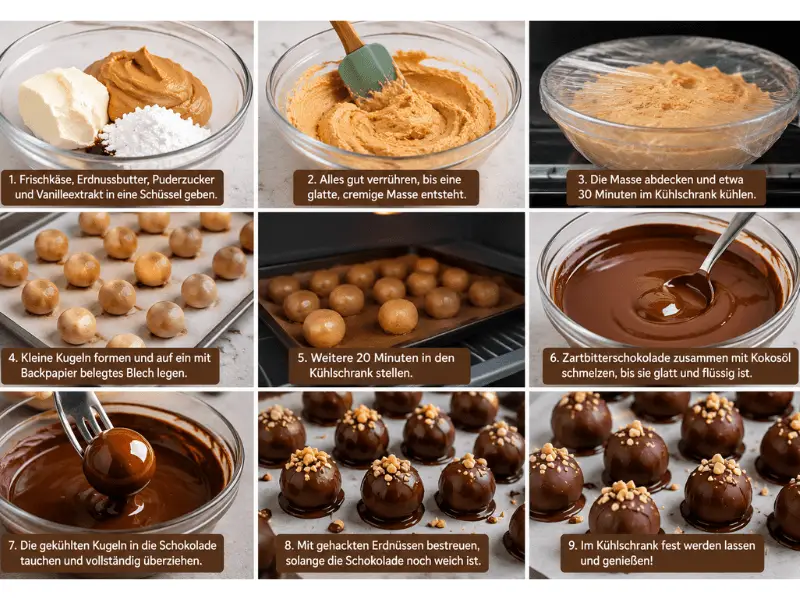 Schritt-für-Schritt-Anleitung für Erdnussbutterbällchen (Rosskastanien) mit cremiger Erdnussbutterfüllung, geschmolzener Schokolade und gehackten Erdnüssen als Dekoration.