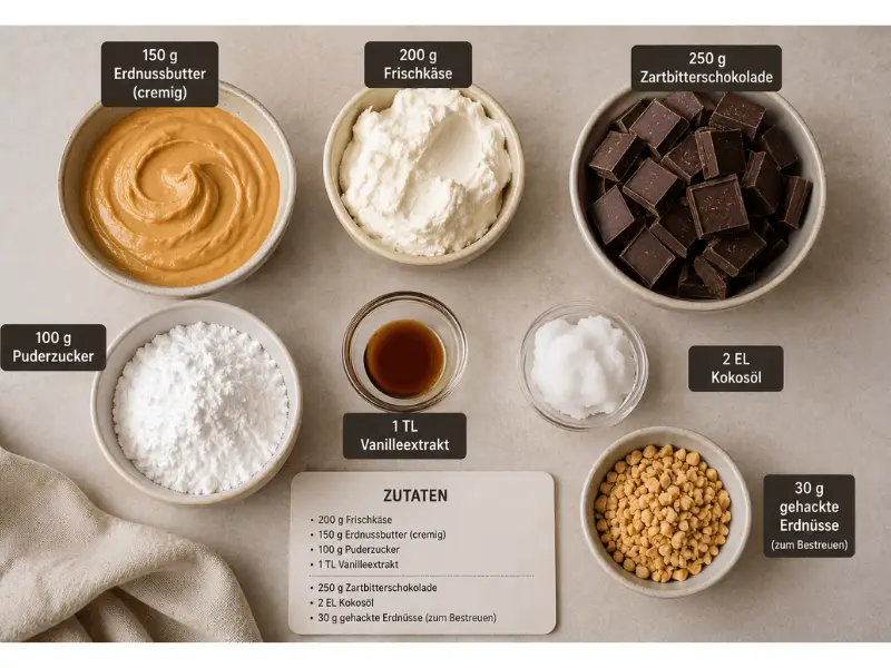 Schritt-für-Schritt-Anleitung für Erdnussbutterbällchen (Rosskastanien) mit cremiger Erdnussbutterfüllung, geschmolzener Schokolade und gehackten Erdnüssen als Dekoration.