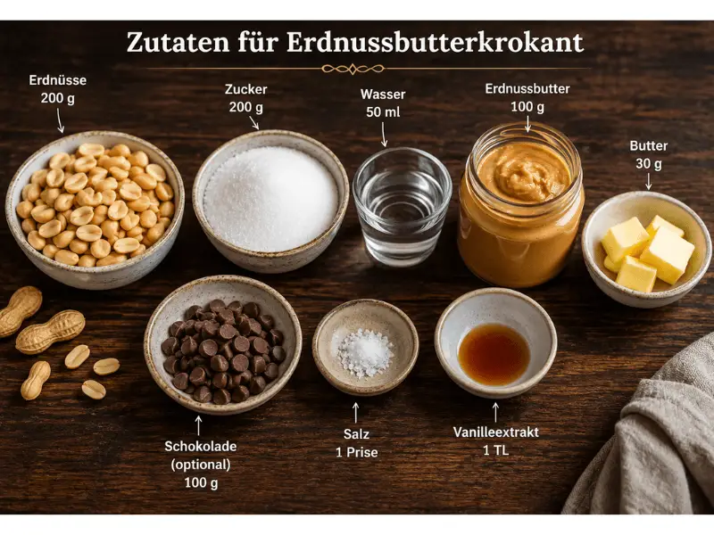 Erdnussbutterkrokant in der Zubereitung: Karamellisierte Erdnüsse werden mit cremiger Erdnussbutter in einer Pfanne vermischt, um einen knusprigen hausgemachten Krokant herzustellen.