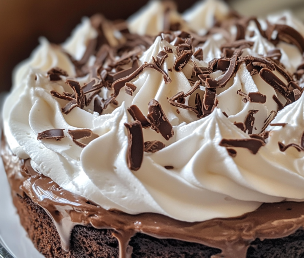 Cool Whip and Pudding Frosting on a Chocolate Cake