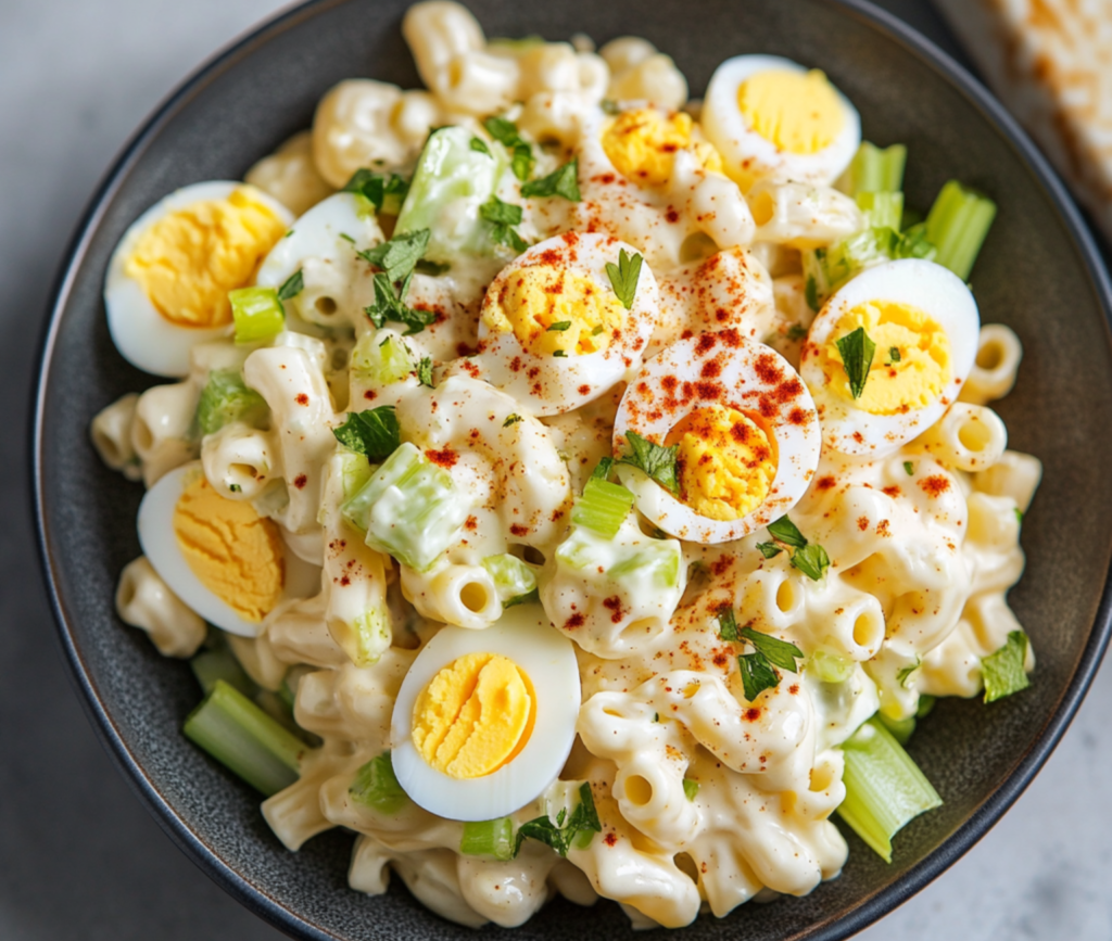 Creamy Deviled Egg Macaroni Salad in a Bowl