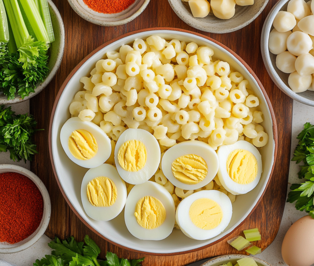 Creamy Deviled Egg Macaroni Salad in a Bowl