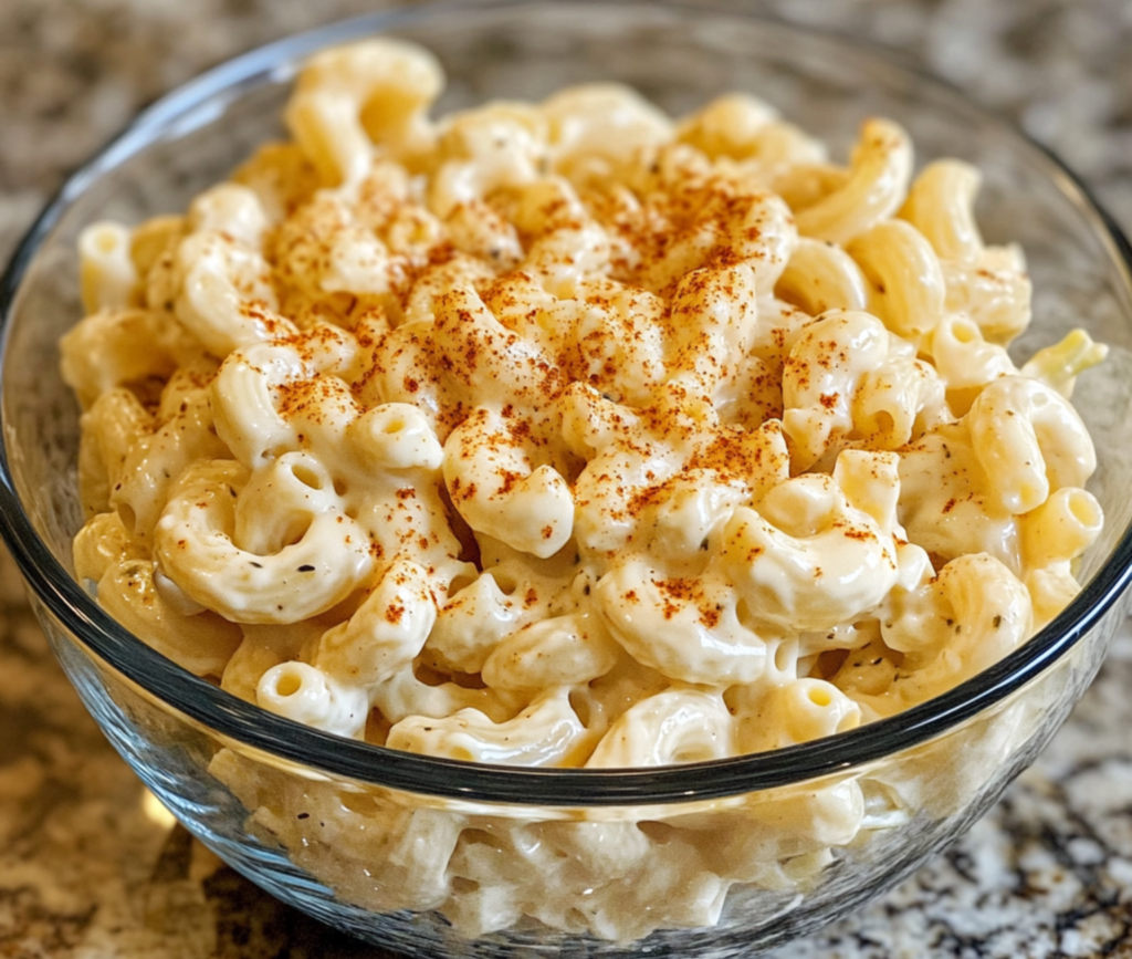 Creamy Deviled Egg Macaroni Salad in a Bowl