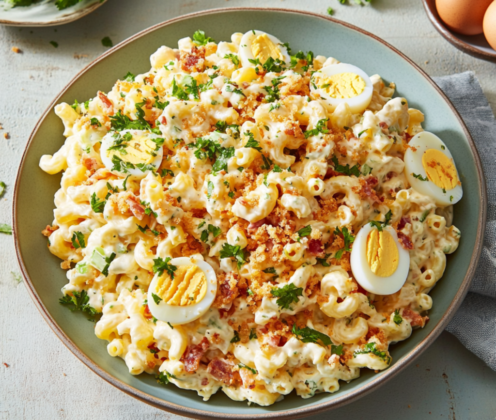 Creamy Deviled Egg Macaroni Salad in a Bowl