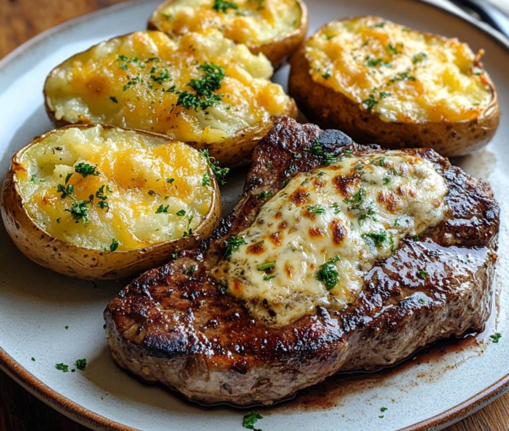 Tender garlic butter steaks served with creamy cheesy baked potatoes – the perfect blend of rich flavors for a comforting, satisfying dinner.