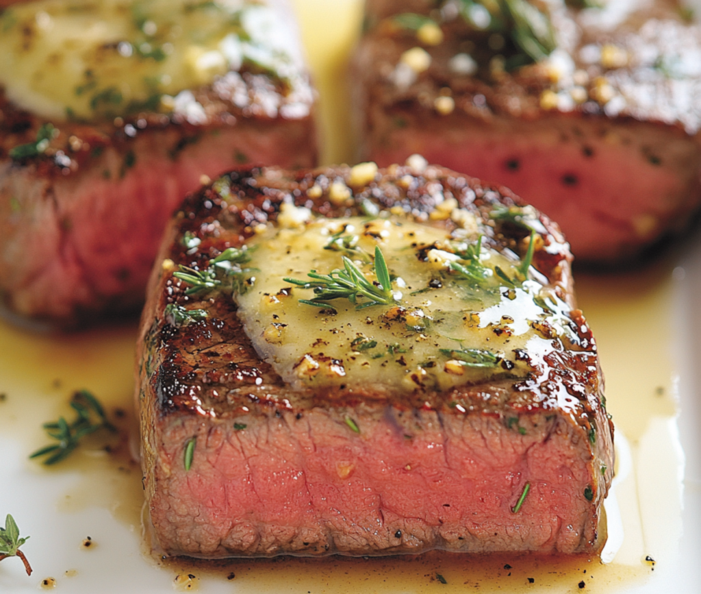 Tender garlic butter steaks served with creamy cheesy baked potatoes – the perfect blend of rich flavors for a comforting, satisfying dinner.