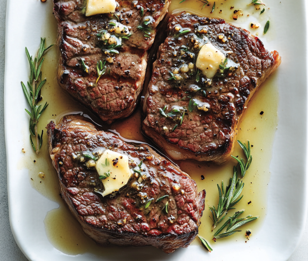 Tender garlic butter steaks served with creamy cheesy baked potatoes – the perfect blend of rich flavors for a comforting, satisfying dinner.