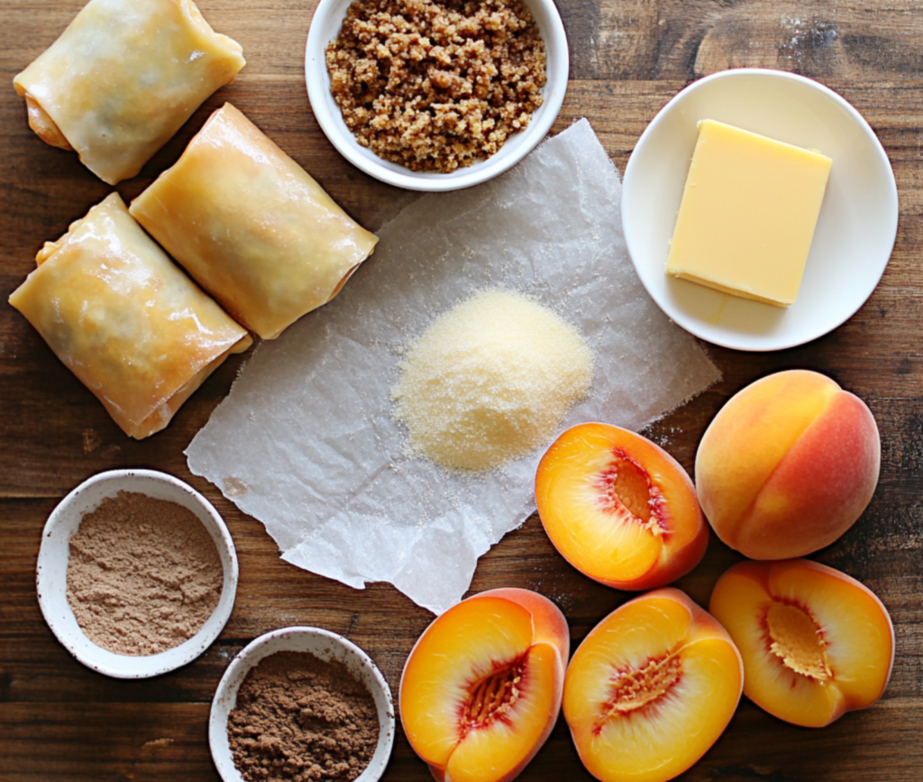 Golden Peach Cobbler Egg Rolls with Vanilla Bean Dipping Sauce