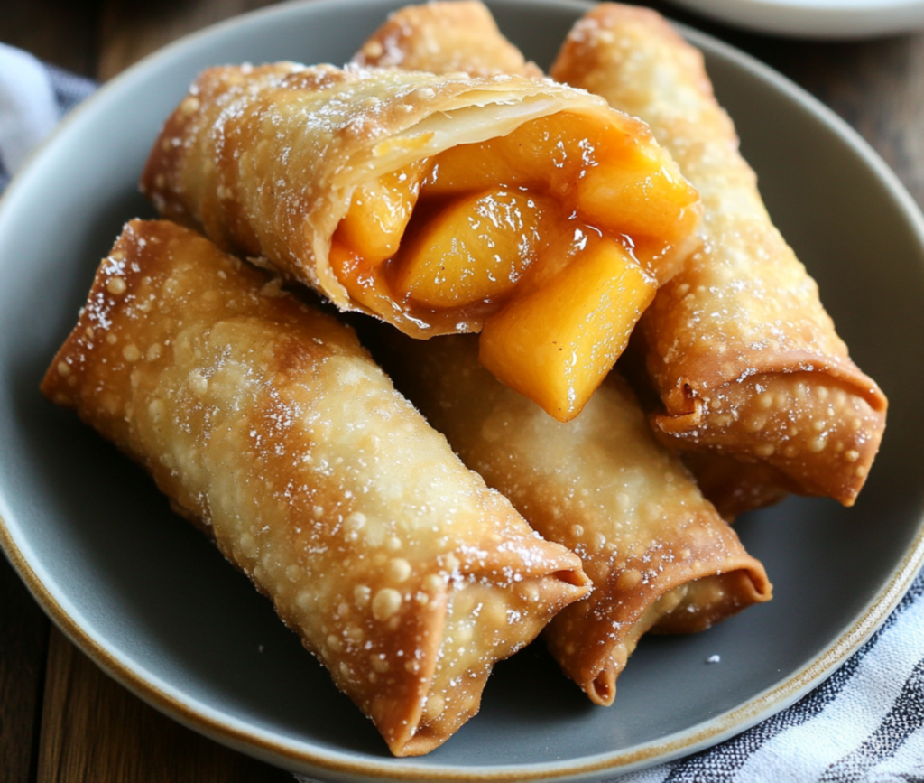 Golden Peach Cobbler Egg Rolls with Vanilla Bean Dipping Sauce