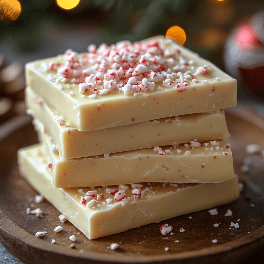 White Chocolate Peppermint Fudge Bars on a Festive Plate