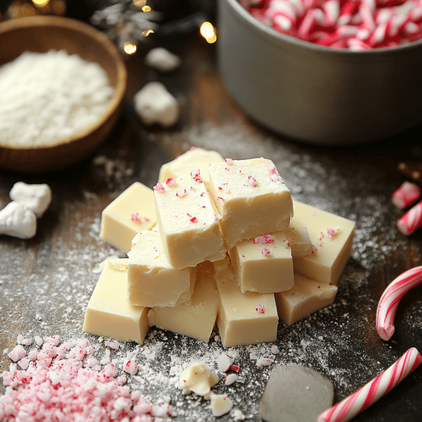 White Chocolate Peppermint Fudge Bars on a Festive Plate