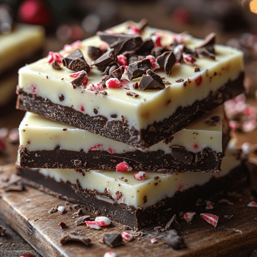 White Chocolate Peppermint Fudge Bars on a Festive Plate