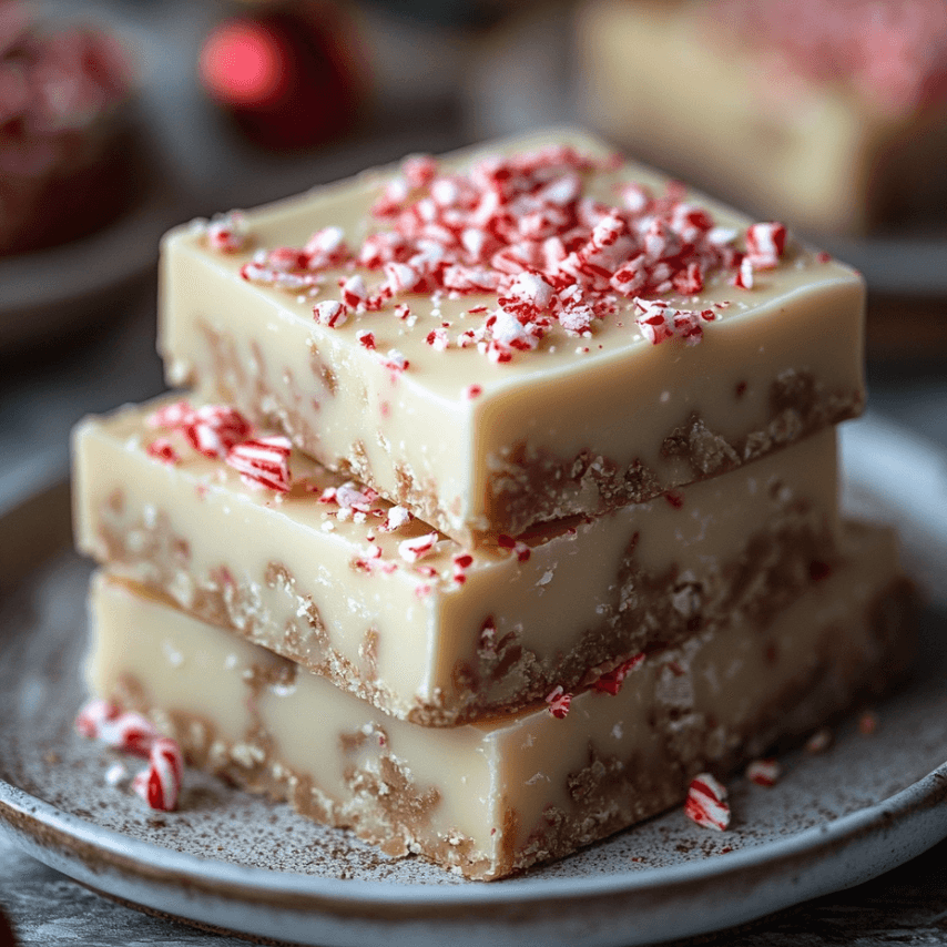 White Chocolate Peppermint Fudge Bars on a Festive Plate