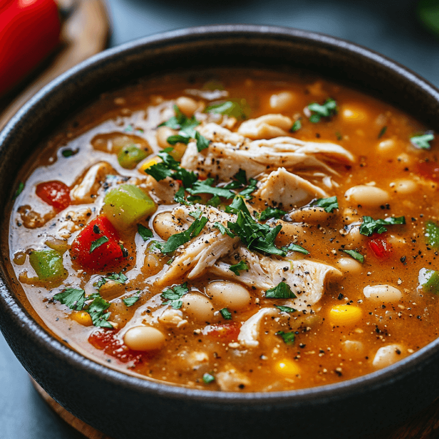 Slow Cooker White Bean Chili in a Bowl with Toppings