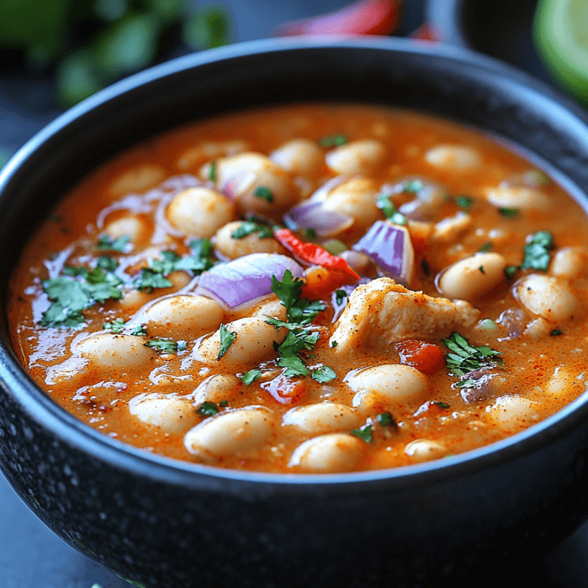 Slow Cooker White Bean Chili in a Bowl with Toppings