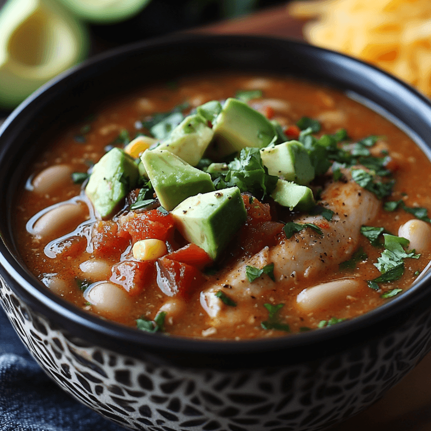 Slow Cooker White Bean Chili in a Bowl with Toppings