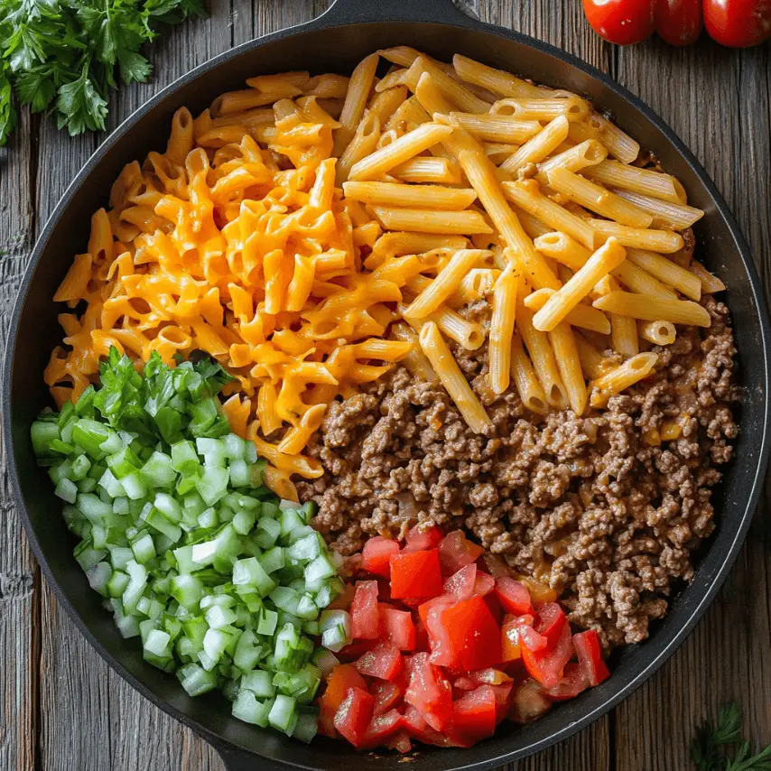 Loaded Beef Cheeseburger Pasta Skillet in One Pan