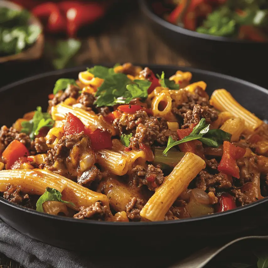 Loaded Beef Cheeseburger Pasta Skillet in One Pan