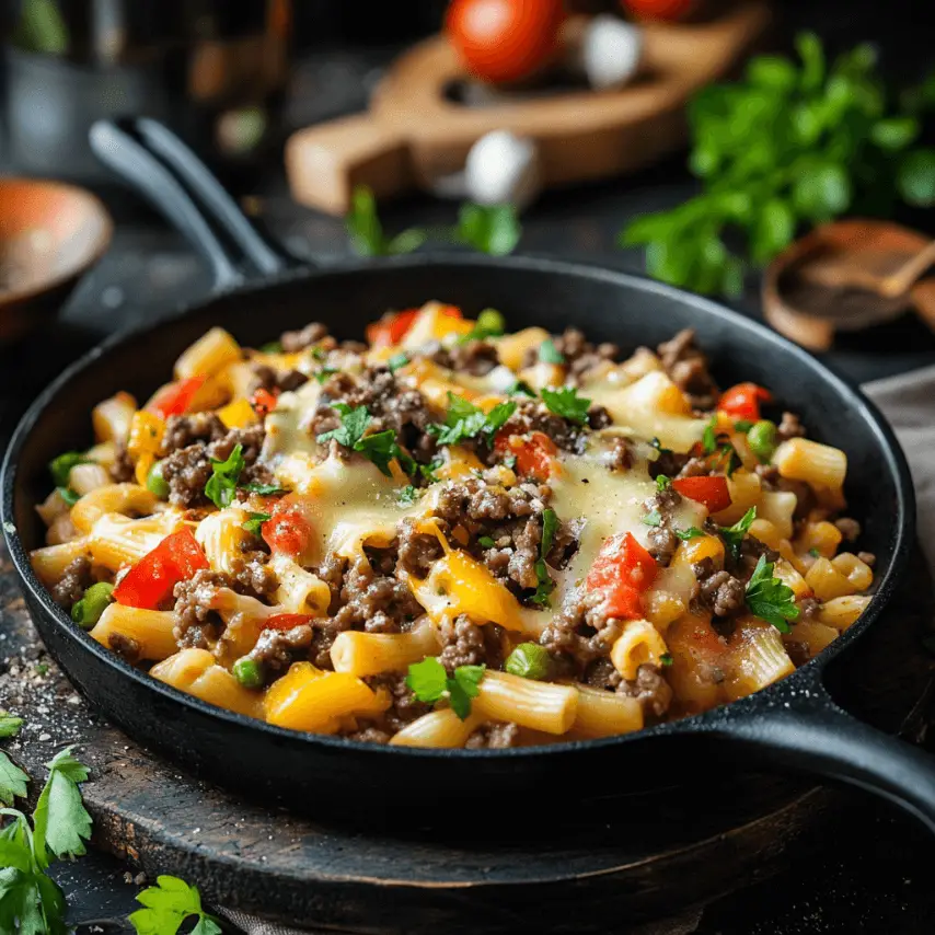 Loaded Beef Cheeseburger Pasta Skillet in One Pan