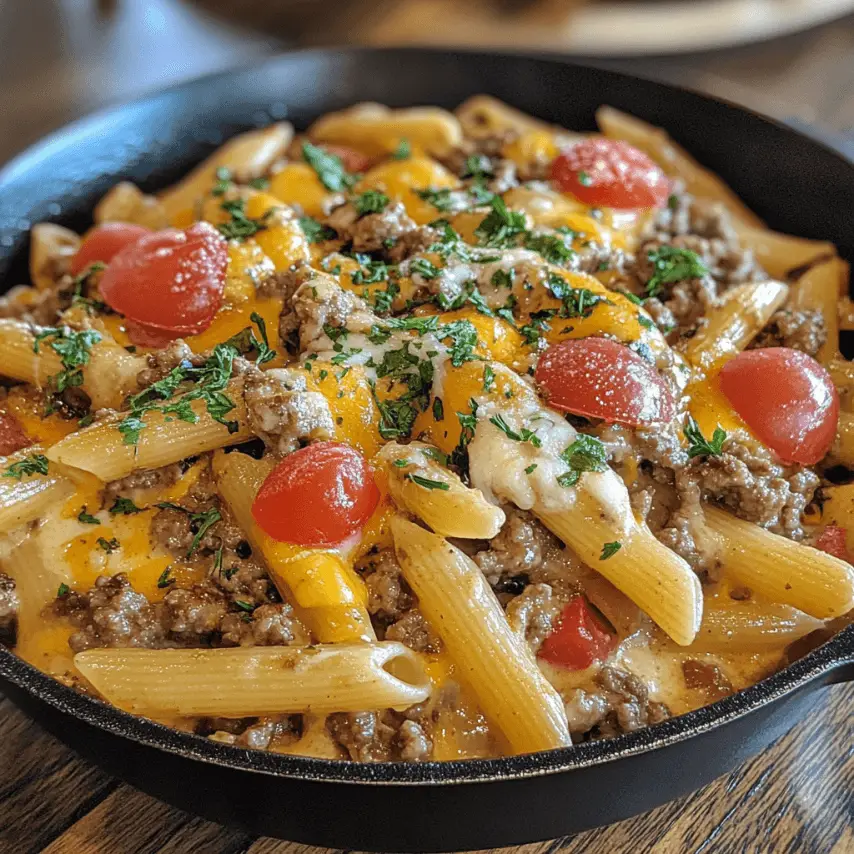 Loaded Beef Cheeseburger Pasta Skillet in One Pan