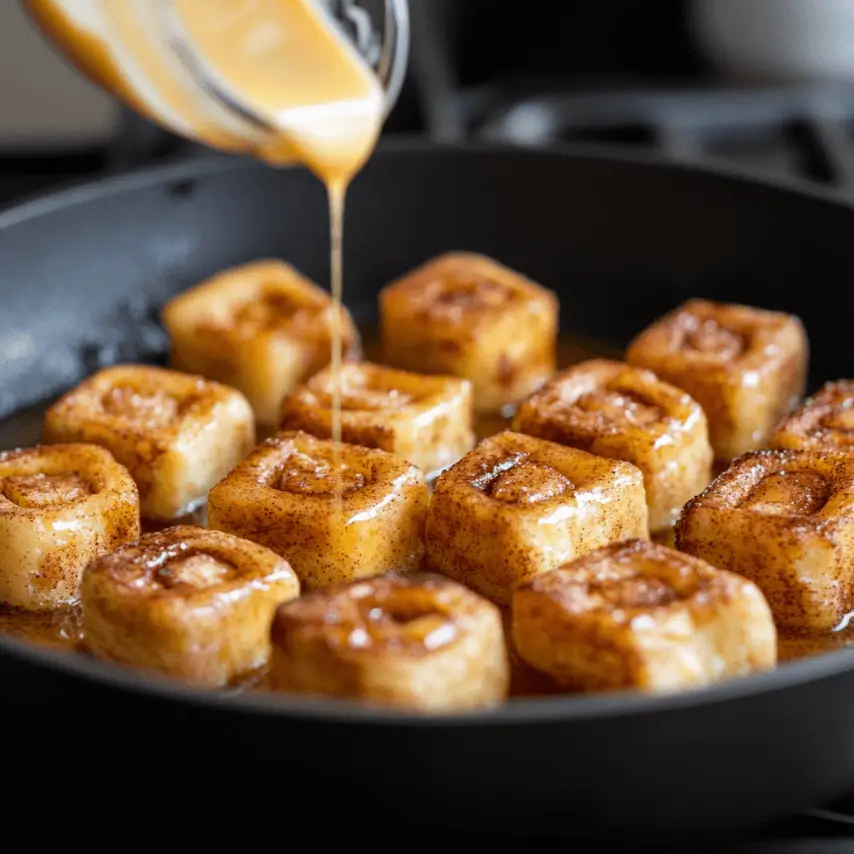 Cinnamon Roll French Toast Bites on a Serving Plate