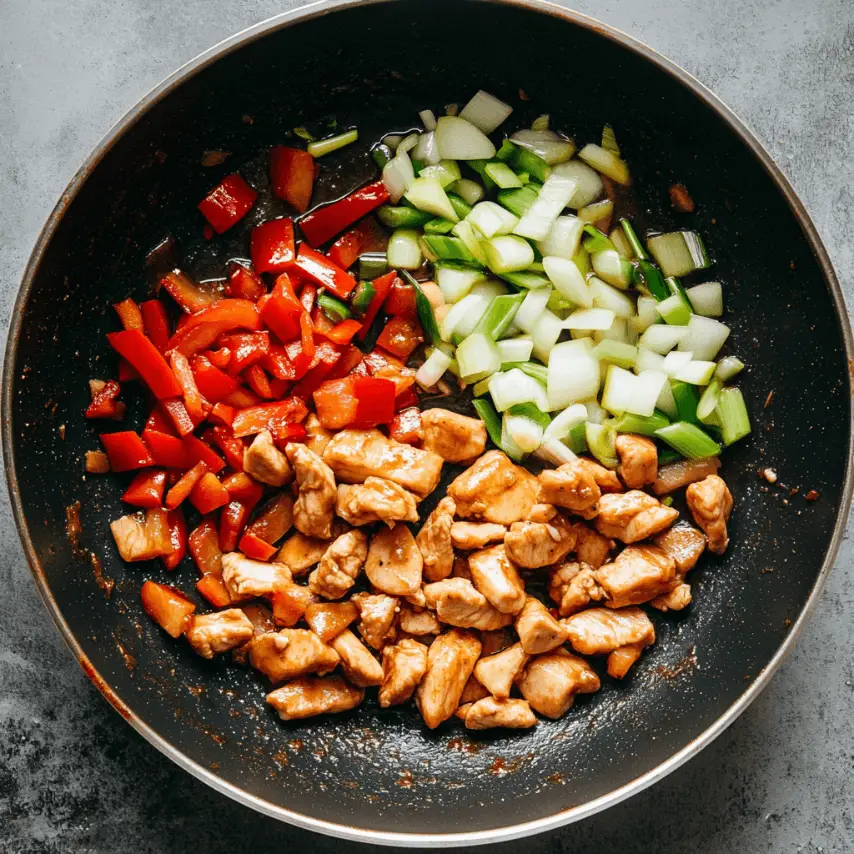 Scallion Chicken Stir-Fry in Wok with Fresh Scallions