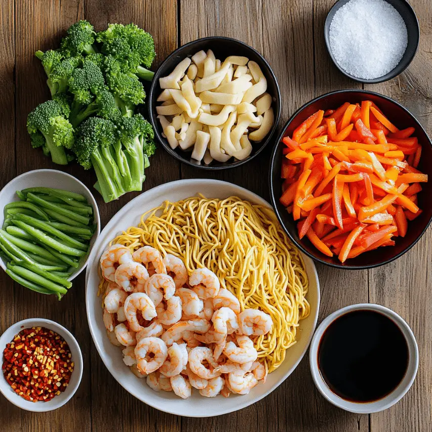 Shrimp Chow Mein with Vegetables in a Wok