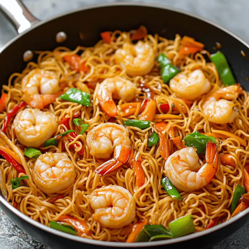 Shrimp Chow Mein with Vegetables in a Wok