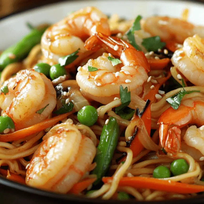 Shrimp Chow Mein with Vegetables in a Wok