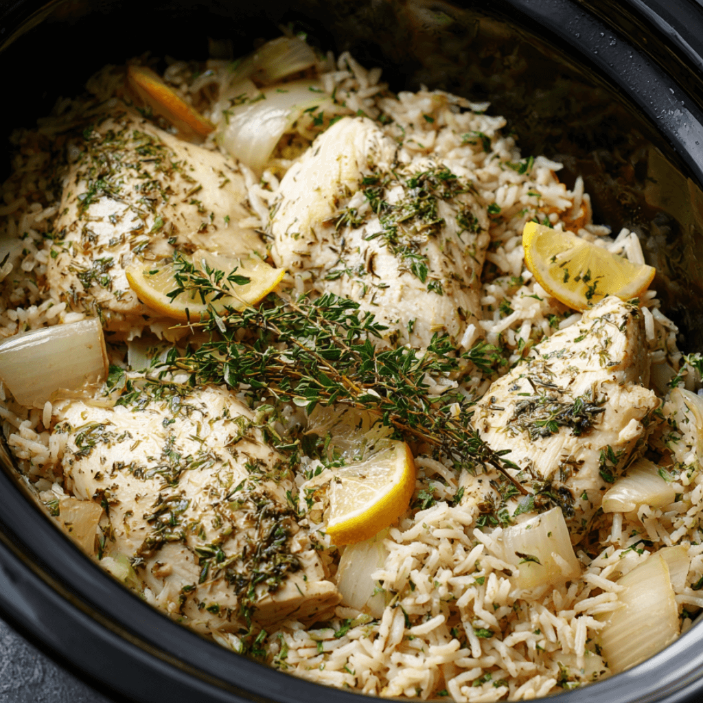 Slow Cooker Lemon Herb Chicken and Rice That Delights!