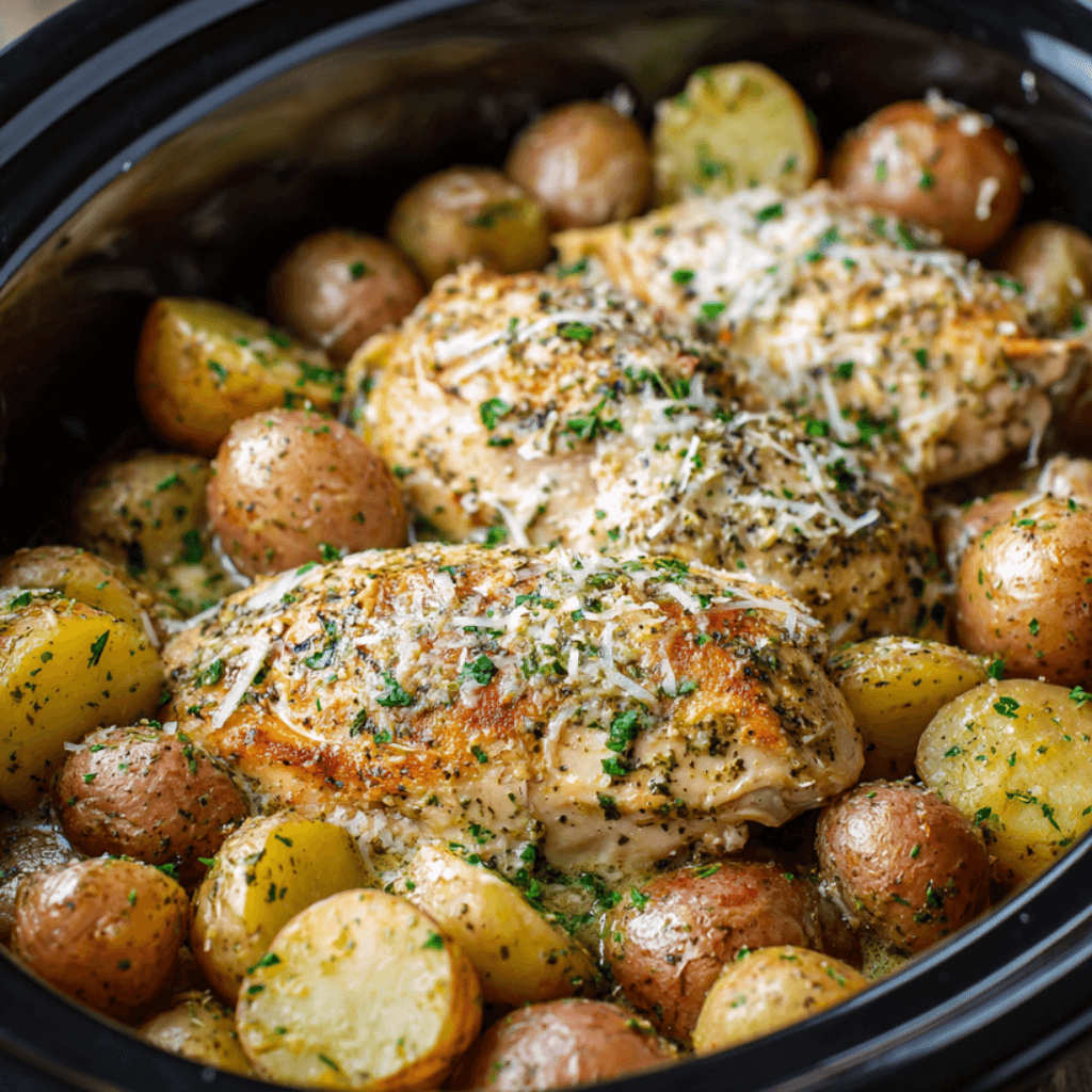 Garlic Parmesan Crockpot Chicken and Potatoes Made Easy!