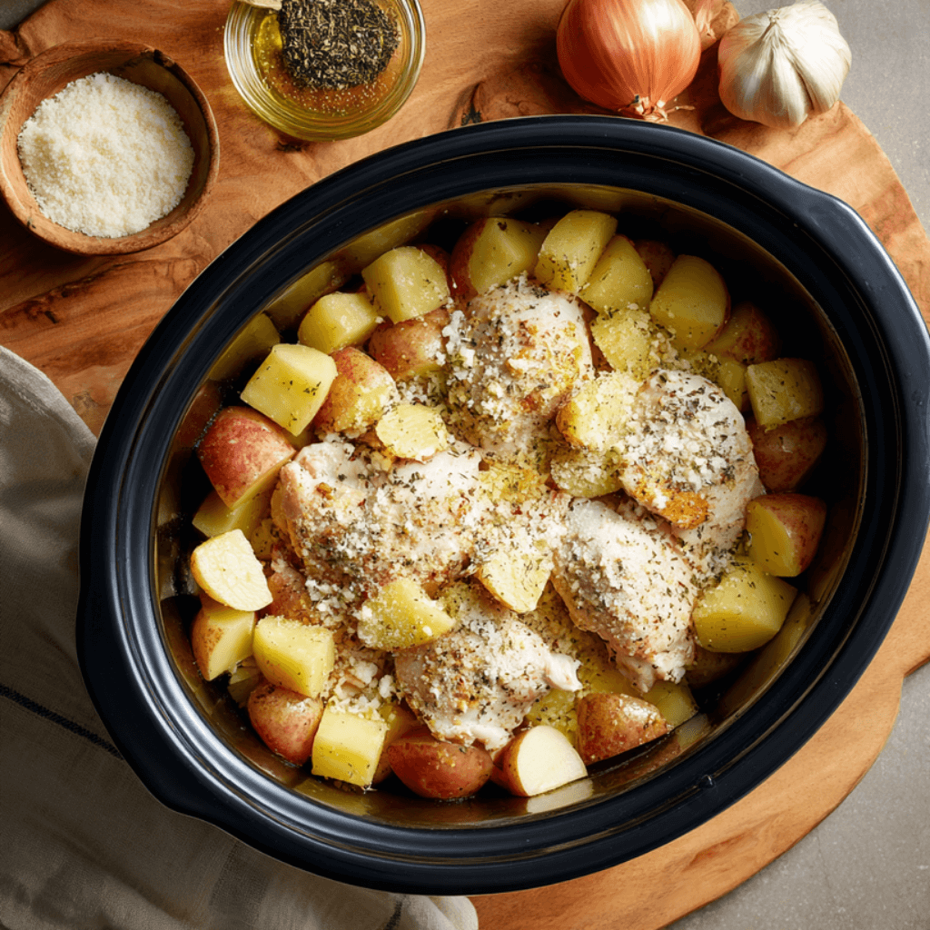 Garlic Parmesan Crockpot Chicken and Potatoes for Easy Meals