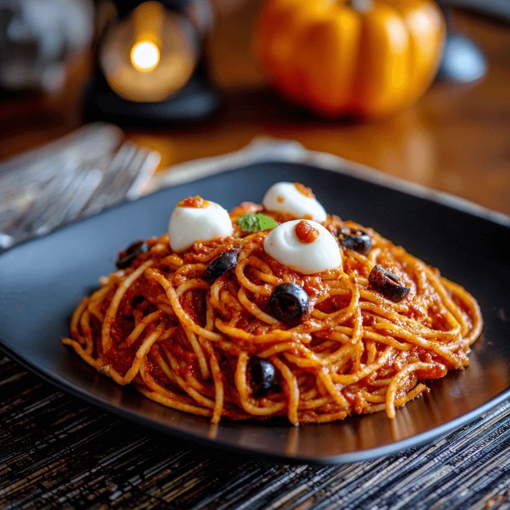 Bloody Spaghetti with Mozzarella Eyeballs: A Spooktacular Dish!