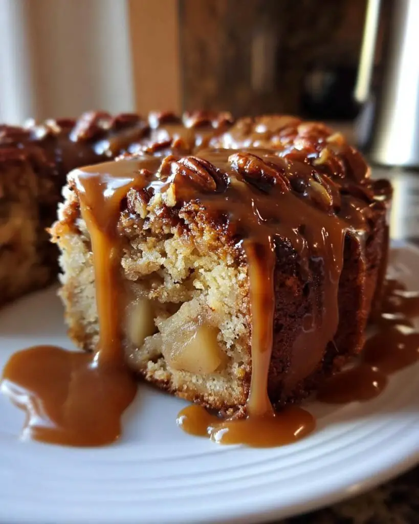 Delicious Apple Pecan Cake Topped with a Sweet and Sticky Caramel Glaze