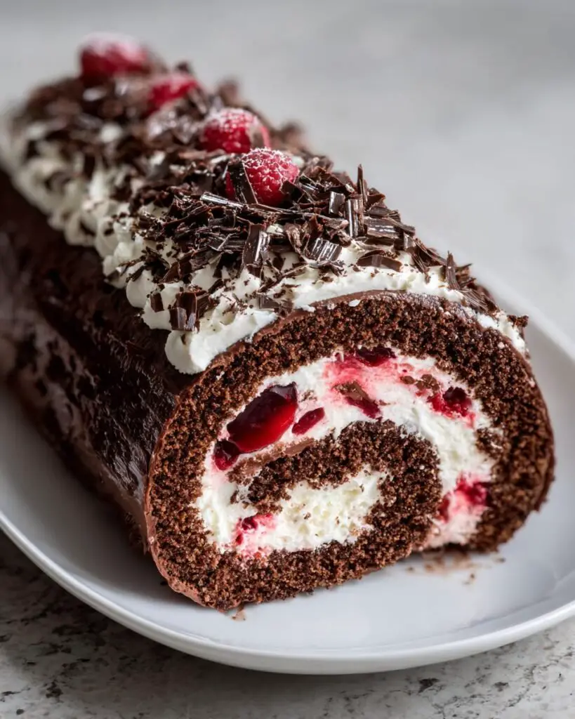 Elegant Black Forest Cake Roll: Chocolate, Cream, & Cherry Swiss Roll Dessert! Perfect for Holiday