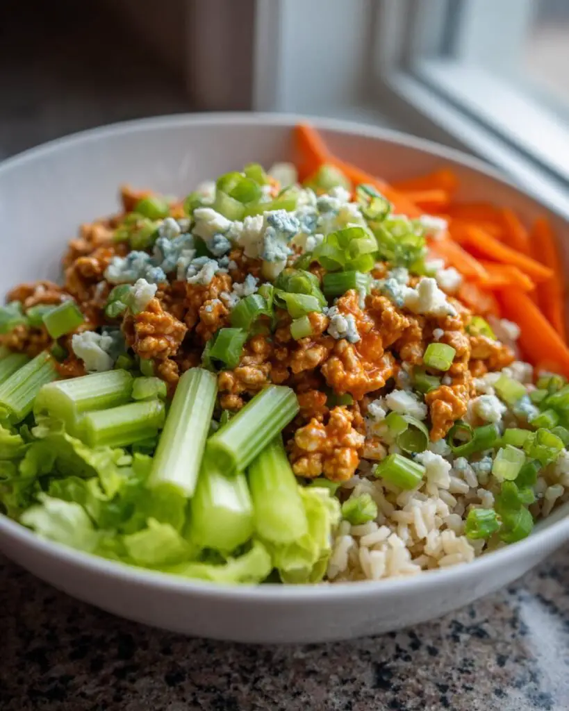 Healthy Buffalo chicken bowls with spicy ground chicken