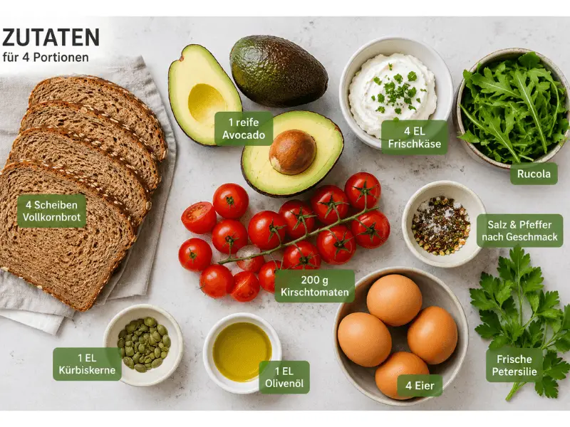 11 Geniale Frühstücksideen mit Avocado-Toast, Spiegelei, Frischkäse und Kirschtomaten auf Vollkornbrot für ein gesundes Frühstück.