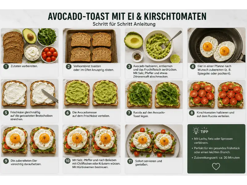 11 Geniale Frühstücksideen mit Avocado-Toast, Spiegelei, Frischkäse und Kirschtomaten auf Vollkornbrot für ein gesundes Frühstück.