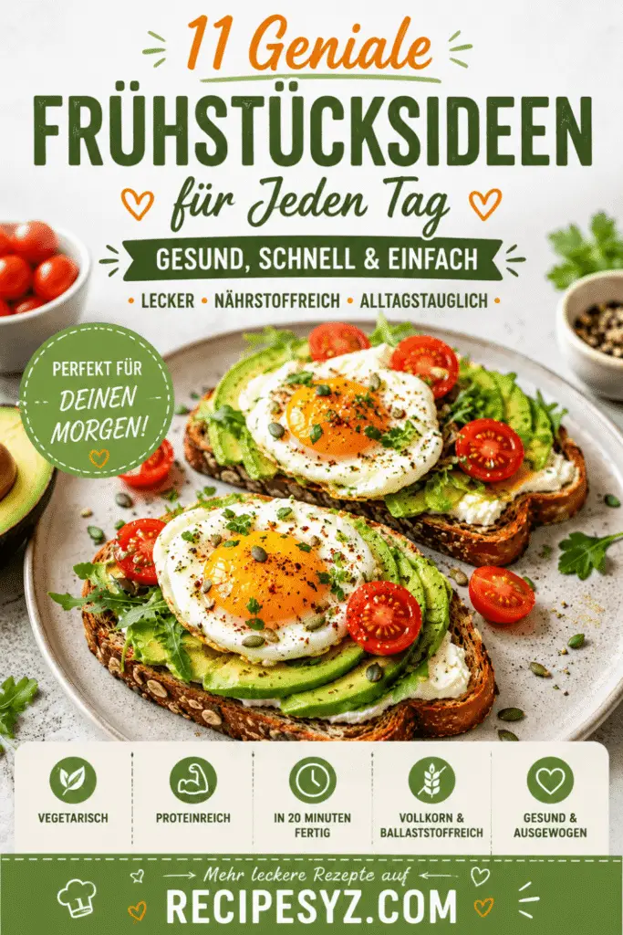 11 Geniale Frühstücksideen mit Avocado-Toast, Spiegelei, Frischkäse und Kirschtomaten auf Vollkornbrot für ein gesundes Frühstück.