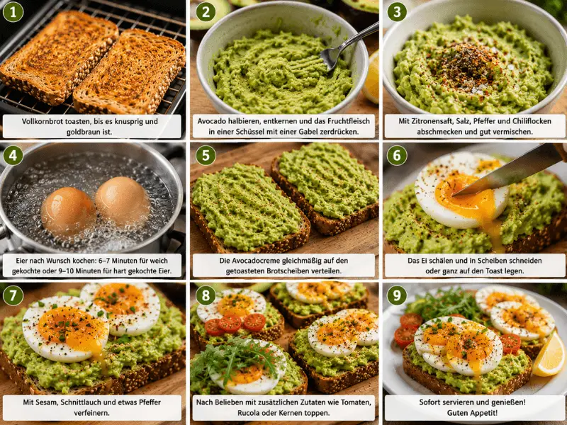 Schritt-für-Schritt Zubereitung von 4 Köstliche Avocado-Ei Toasts