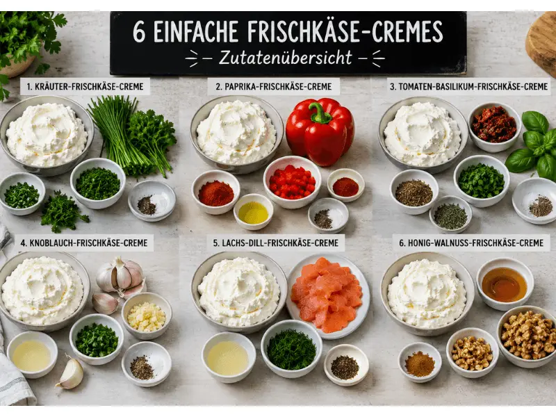 Zutaten für 6 Einfache Frischkäse-Cremes mit Frischkäse, Kräutern, Paprika und weiteren frischen Zutaten.