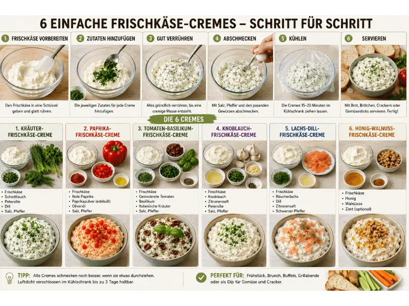 Schritt-für-Schritt Anleitung für 6 Einfache Frischkäse-Cremes.